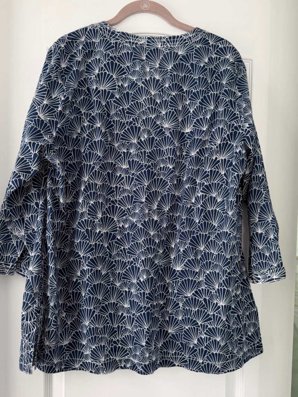 Talbots XL NWT Navy White Fan Print Shell Print Cotton Tunic Top 3/4 Sleeve - Picture 3 of 8
